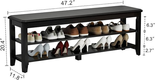 AQIMUELE Wood Shoe Rack Bench for Entryway, 2 Tier Shoe Rack for Front Door Entrance, Shoe Bench with Shoe Storage for Entryway, Bedroom, 47.2"