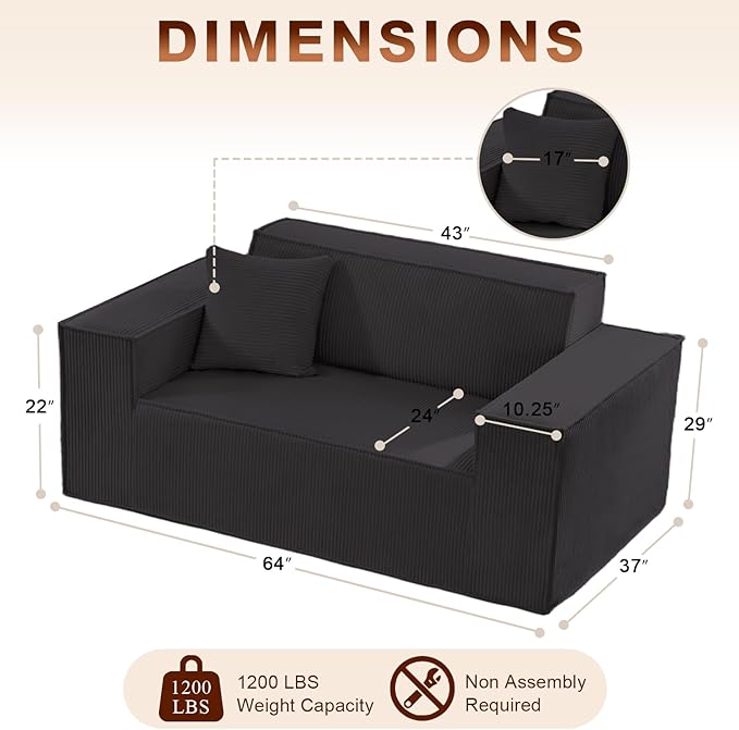 SUYOLS Corduroy Cloud Couch with Pillow, Premium Memory Foam, No Assembly Required, Deep Seat Sofa in Box, Space-Saving Chair for Home, Living Room, Bedroom, Apartment, Office, Loveseat, Dark Gray