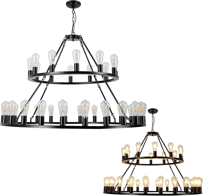 Wagon Wheel Chandelier 2 Tier 48-Inch 36-Light, Farmhouse Industrial Chandelier Black Rustic Pendant Light Fixture Extra Large for High Ceilings, Living Room Foyer