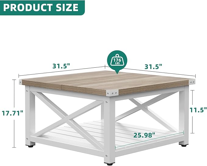 YITAHOME Farmhouse Coffee Table, Square Coffee Tables for Living Room, Vintage Living Room Table with Shelf, Coffee Table with Storage, Grey Wash