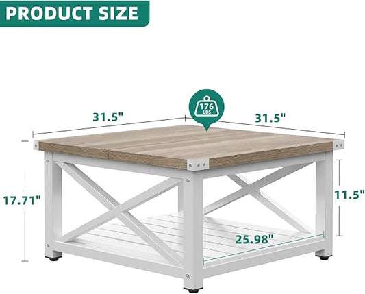 YITAHOME Farmhouse Coffee Table, Square Coffee Tables for Living Room, Vintage Living Room Table with Shelf, Coffee Table with Storage, Grey Wash