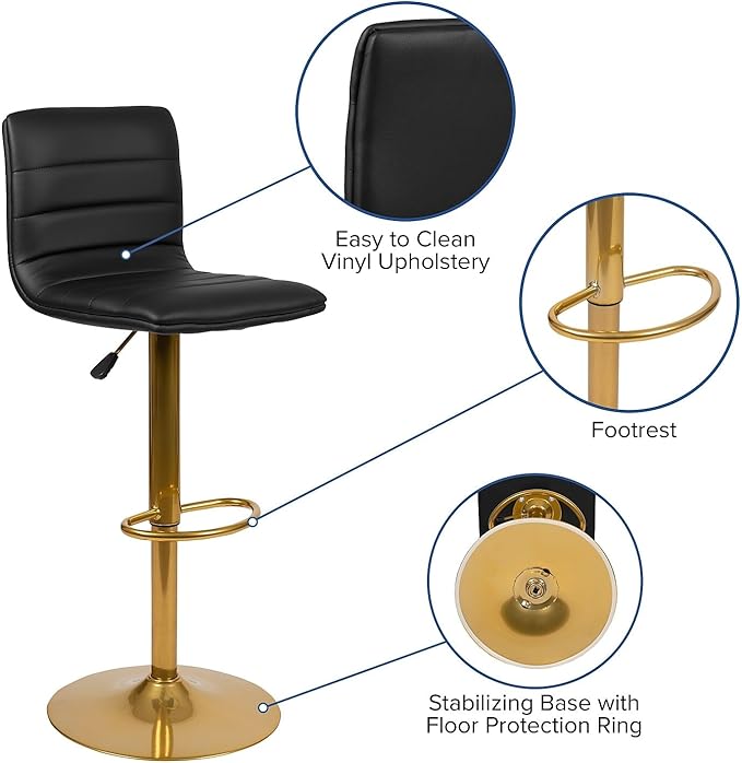 Flash Furniture Vincent Modern Black Vinyl Adjustable Bar Stool with Back, Counter Height Swivel Stool with Gold-Pedestal Base, Set of 2