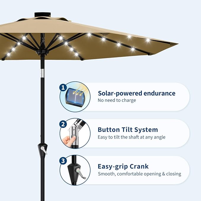 Garvee 9FT Solar Patio Umbrella with 32 LED Lights - Outdoor Table Umbrella with Crank Lift, Push Button Tilt and 8 Sturdy Ribs - Market Umbrella UV Protection for Pool, Deck, Yard, Garden -Tan