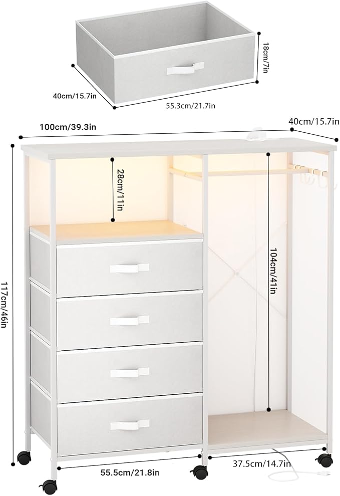 Fabric Dresser with Clothes Rack, 4 Drawers Dresser for Bedroom with Charging Station and LED Lights, Chest of Drawers with Wheels, Steel Frame, Wood Top, for Bedroom, Closet, White