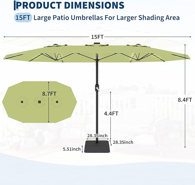 GarveeLife 15 FT Patio Umbrella with Base Included, Patio Table Umbrella with solar lights, 10 Sturdy Ribs UV Protection Waterproof for Garden, Pool, Deck, Backyard (Green)