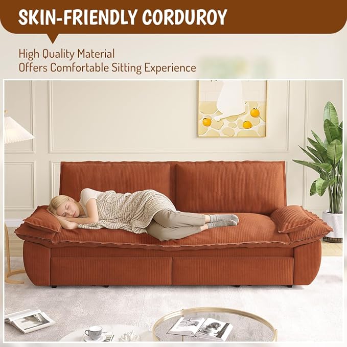 KEIKI 73.2" Pull Out Sleeper Sofa Bed Queen Size, 3-in-1 Convertible Couch with Soft Cushion Armrests, Durable Corduroy Loveseat Sofa for Family Living Room Kids Friendly Lounge Couch
