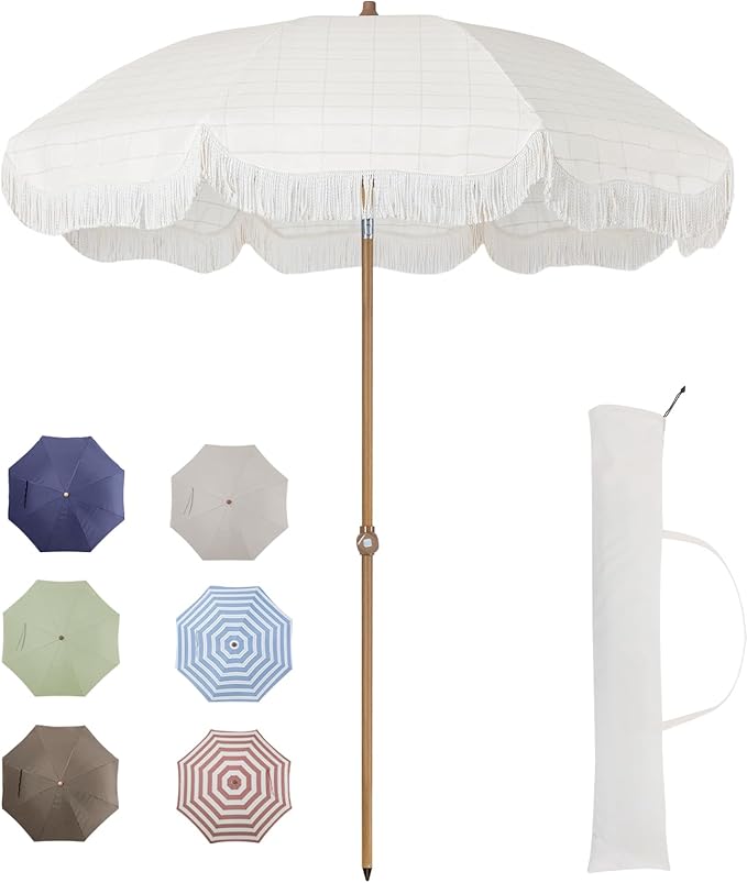 Tempera 7ft Outdoor Patio Umbrella with Carry Bag,Beach Umbrella with Fringe|Vintage Tassel Umbrella with Prime Steel Pole and Ribs Push Button Tilt,Ideal for Garden Lawn,UPF50+,Cream Grid