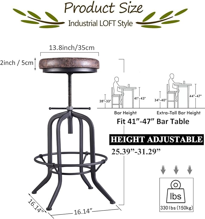 LOKKHAN Industrial Bar Stool, Set of 2, Rustic Swivel Leather Stool, Metal Pipe & Round PU Leather Cushion, Vintage Adjustable Height, 25.39-31.29 Inch, Black
