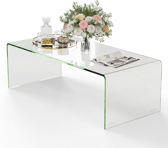 ReunionG Glass Coffee Table, Modern Clear Coffee Table with Rounded Edges, Transparent Tempered Glass Coffee Table, U-Shaped Side Table for Living Room Office, 42.5" x 20" x 14" (L x W x H)