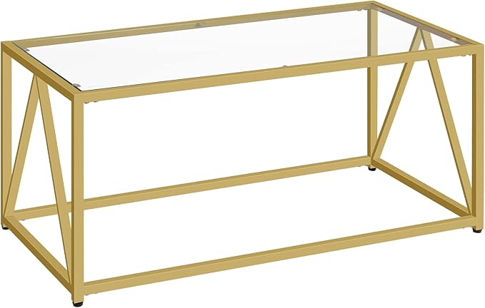 HOOBRO Glass Coffee Table, Gold Coffee Tables for Living Room, Gold Glass Coffee Table,1 Layer Center Table, Modern, for Apartment, Office, 39.4 x 19.7 x 17.7 Inches, Easy Assembly, Golden GD04KF01