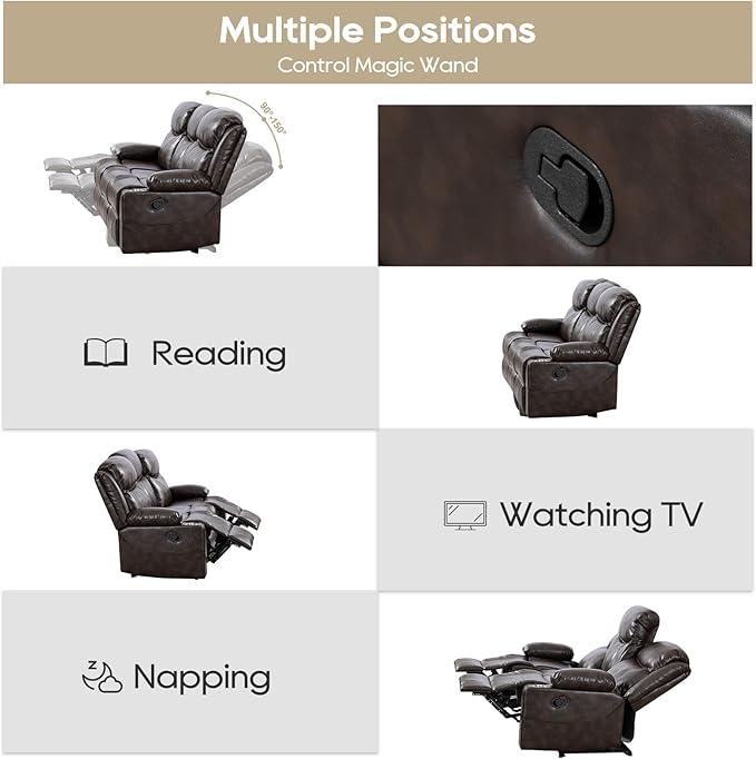 Recliner Sofa Set - Reclining Sofa Couch Set, 2 Pieces Recliner Furniture Sofa Set, 3-Seater Reclining Sofa & 2-Seater Reclining Loveseat with Massage & Heat for Living Room (Brown) | Cup Holder, Side pocket, Storage, Console