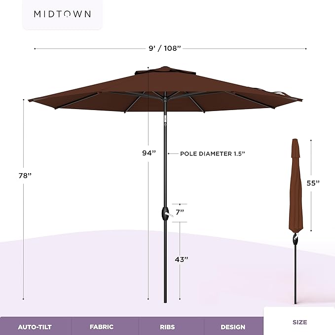 Midtown Umbrellas – The Lean 9 Ft Patio Umbrella with 10-Year-No-Fade Acrylast Acrylic Fabric, Auto-Tilt and 8 Reinforced Ribs for Deck, Pool, Garden, Hotel & Cafes – Cedar Wood Canopy, Black Pole