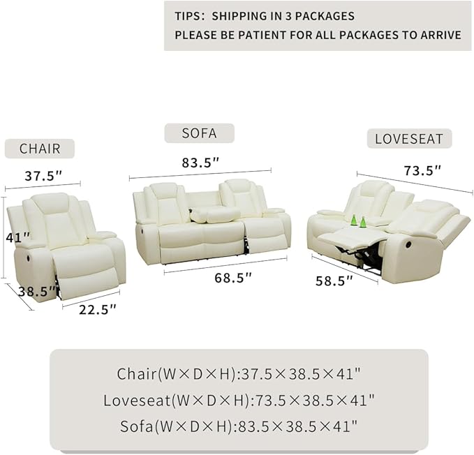 Power Reclining Sofa Set with Drop-down Table, Living Room Furniture Sets, Ivory White Breathing Leather Sofa Power Sofa and Loveseat with Cup Holders/Storage Console/LED Light for Living Room