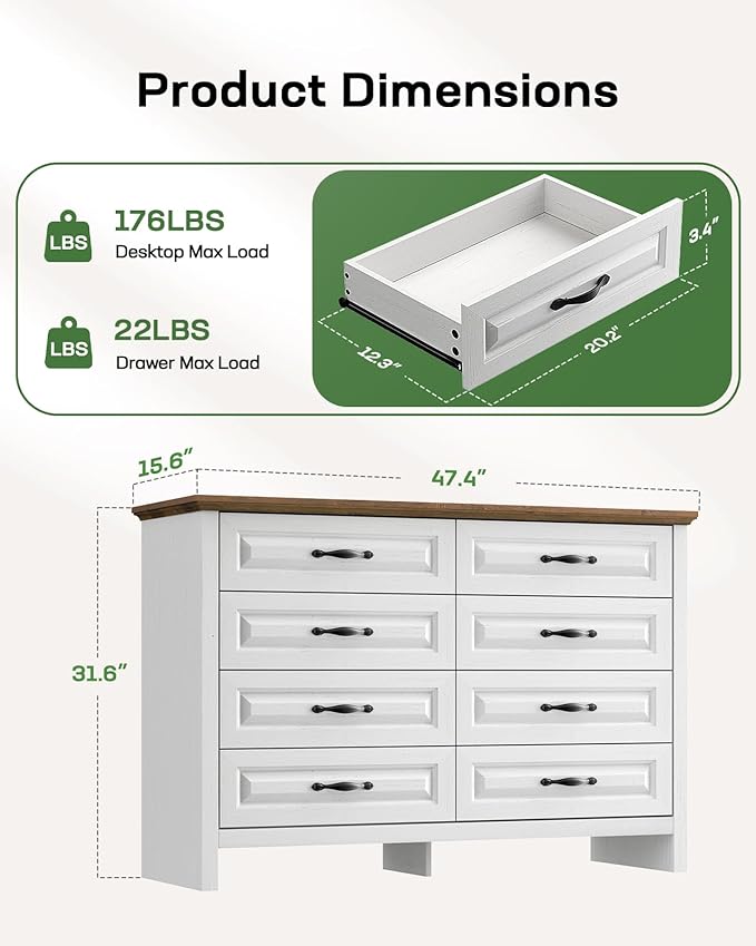 Marsail 8-Drawer Farmhouse Dresser, Solid Wood Storage Space, Sturdy Wide Chest with Smooth Glide Drawers & Anti-Slip Kit, for Bedroom or Hallway, Brown&White
