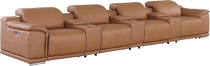 Blackjack Furniture Venice Top Grain Italian Leather Power Recline 7 Piece 4 Seater Sofa - 175" Theater Seating Modern Couch for Living Room Apartment with Adjustable Headrests & USB Port, Cognac