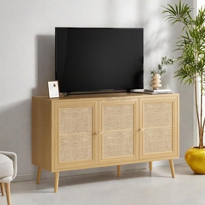 FONTOI Rattan Entryway Table, Entertainment Center with Adjustable Shelf, Sideboard Buffet Cabinet with 3 Rattan Doors, Modern Console Cabinet with Large Storage for Living Room, Kitchen, Brown