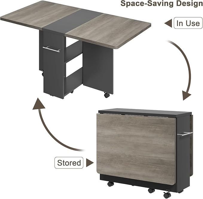 GarveeHome Folding Dining Table, Space Saving Farmhouse Dining Table for 4 Storage Shelf, 6 Wheels Multipose Expandable Kitchen Drop Leaf Table for Small Spac