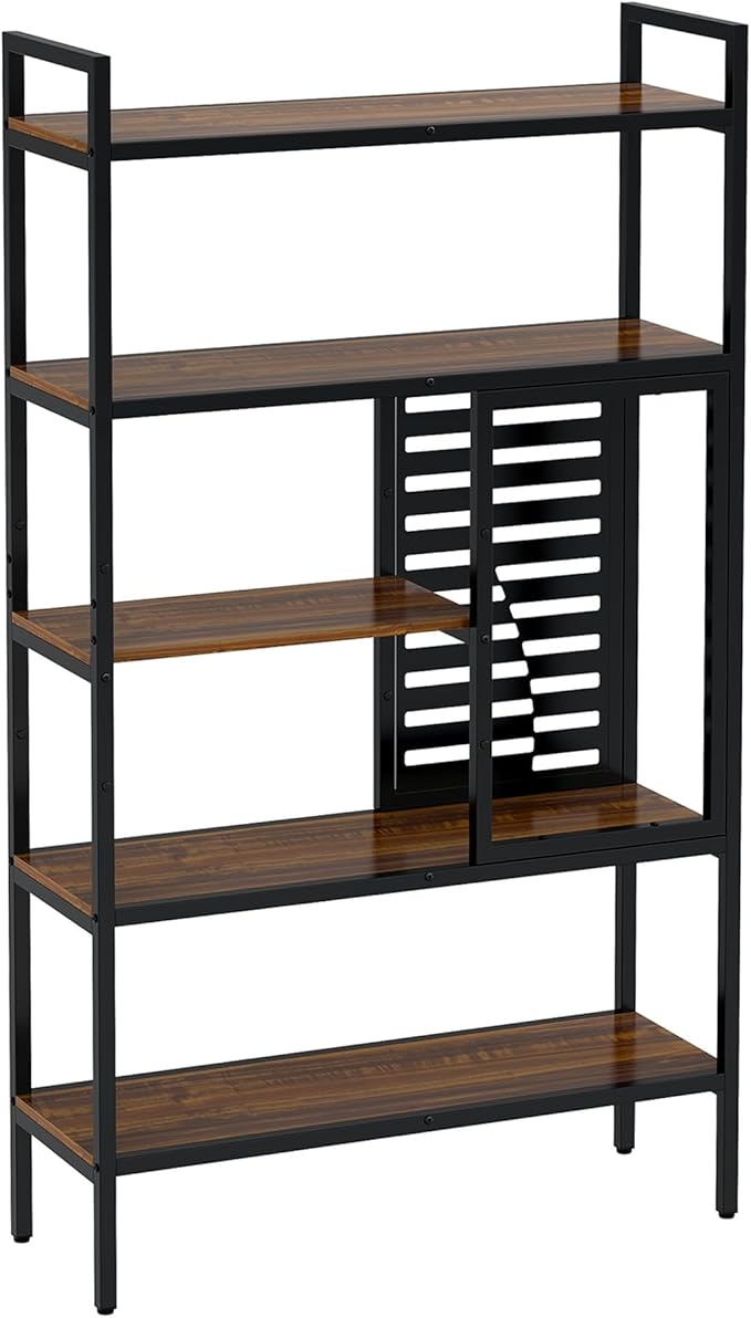 Anivia 5 Tier Bookshelf Tall Industrial Bookcase Wood Metal Frame Standing Book Shelf, Display Bookshelves Storage Organizer for Bedroom Living Room Home Office, Teak/Black