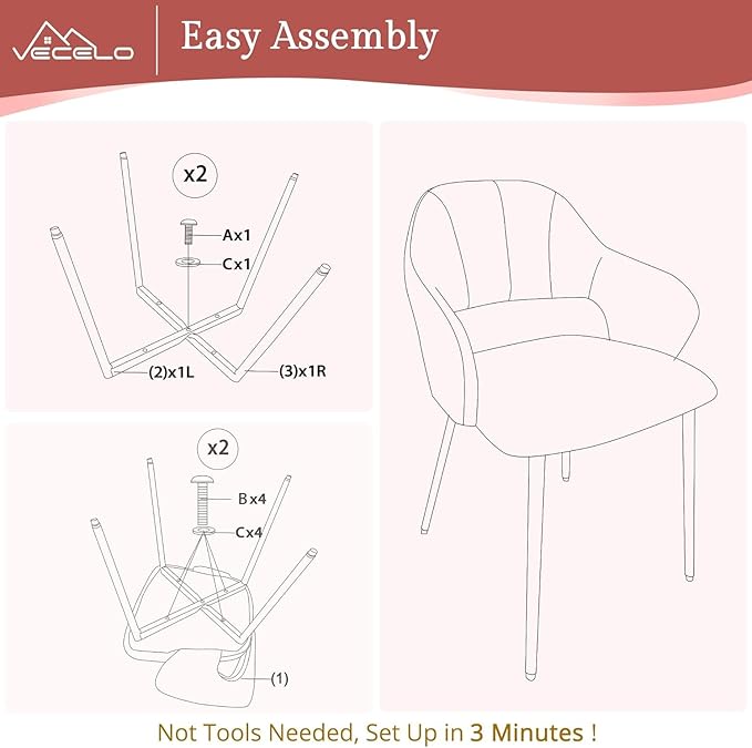 VECELO Velvet Dining Chairs Set of 2, Modern Upholstered Kitchen Chairs with Cushion, Padded Backrest and Metal Legs, Pink
