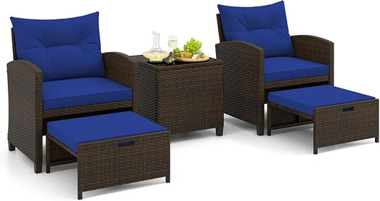 Tangkula 5 Pieces Patio Conversation Set, PE Wicker Rattan Outdoor Furniture Set with 2 Chairs, 2 Ottomans & Tempered Glass Coffee Table, Ideal for Poolside, Backyard, Lawn, Deck, Mix Brown & Navy