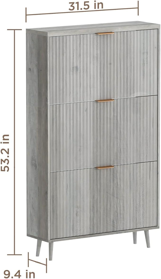 Shoe Cabinet Storage,Modern Freestanding Organizer with 3 Flip Drawers,Narrow Shoe Rack Cabinet for Entryway,Grey