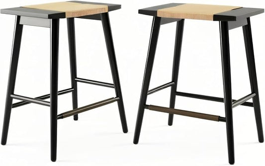 Thor Wicker Premium Solid Wood Counter Stool 24", Set of 2, Backless Counter Height Seating with Hand-Knitted Rope, Eco-Friendly Modern Design (Midnight Charcoal)