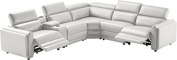 AMERLIFE Power Recliner Sofa, 129 Inch Oversized Reclining Sofa with Console & Speaker, 5 Seats L Shaped Sectional Couch for Living Room, Light Grey Leather