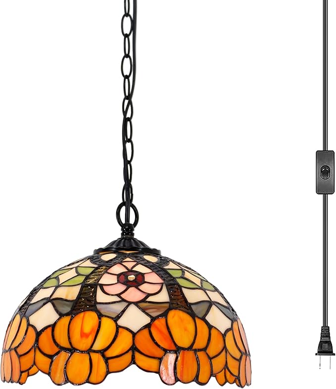 Tiffany Pendant Light Plug in 12 Inch Orange Flower Stained Glass Hanging Lamp with Chain 33 Inch, Cord 15 Feet