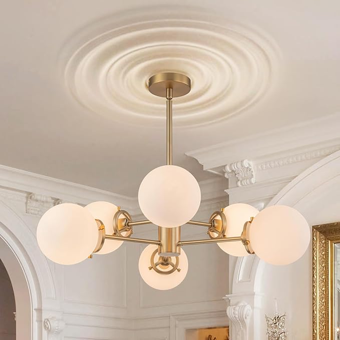 6-Lights Sputnik Chandeliers Gold Mid Century Modern Chandelier Fixture with Milk White Globe Glass, Dining Light Fixtures Ceiling Hanging for Living Room Bedroom Kitchen Island Foyer