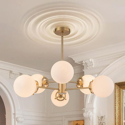 6-Lights Sputnik Chandeliers Gold Mid Century Modern Chandelier Fixture with Milk White Globe Glass, Dining Light Fixtures Ceiling Hanging for Living Room Bedroom Kitchen Island Foyer