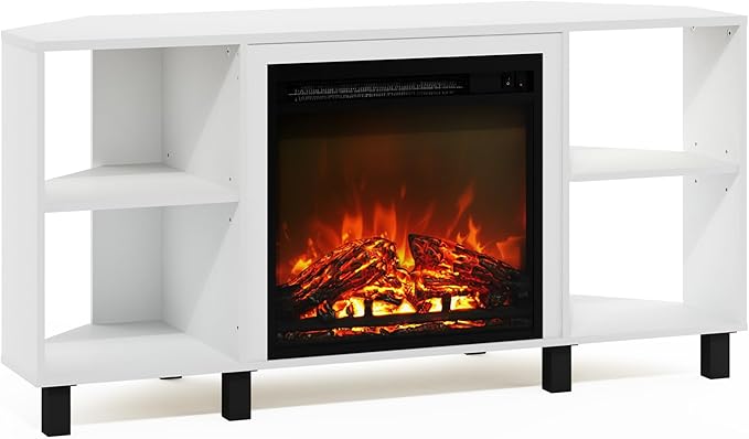 Furinno Jensen Corner Fireplace TV Stand with 4 Open Compartments for TV up to 55 Inches, Solid White