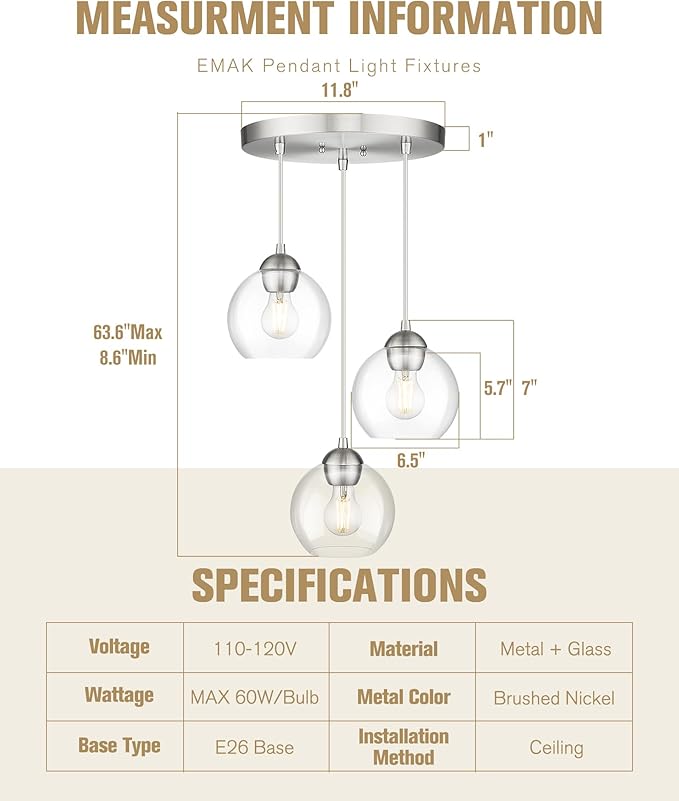 Emak Brushed Nickel Pendant Light, 3-Light Pendant Lights Kitchen Island with Clear Glass Shade, Cluster Globe Hanging Light Fixture for Kitchen, Bedroom, Bathroom, Dining Room, PL119-BN-CL