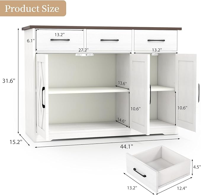 Modern Farmhouse Sideboard, White Wooden Buffet Cabinet with 3 Drawers & Adjustable Shelves for Kitchen, Living Room, Entryway, Coffee Bar