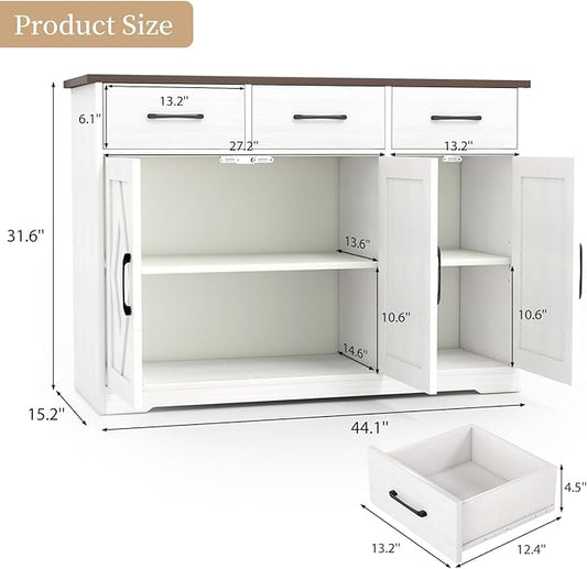 Modern Farmhouse Sideboard, White Wooden Buffet Cabinet with 3 Drawers & Adjustable Shelves for Kitchen, Living Room, Entryway, Coffee Bar