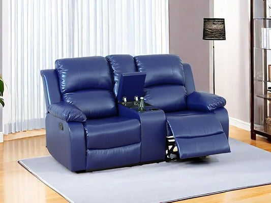 Vegan Leather Recliner Loveseat Couch 2 Seater Reclining Sofa Manual Reclining Couch Living Room Couch with Cup Holders & Middle Storage Console for Home/Office/Rv Car (Purple Blue, Loveseat)