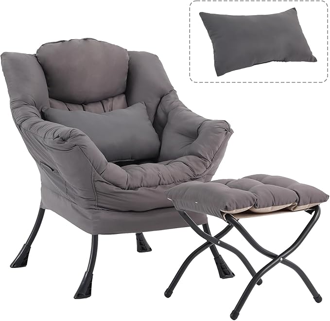 Lazy Chair with Ottoman, Modern Accent Chair with Lumbar Pillow, Dark Grey Sofa, Armchairs with Folding Footrest, Oversized Supportive Chairs for Bedroom, Reading