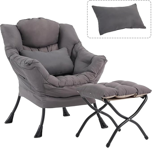 Lazy Chair with Ottoman, Modern Accent Chair with Lumbar Pillow, Dark Grey Sofa, Armchairs with Folding Footrest, Oversized Supportive Chairs for Bedroom, Reading