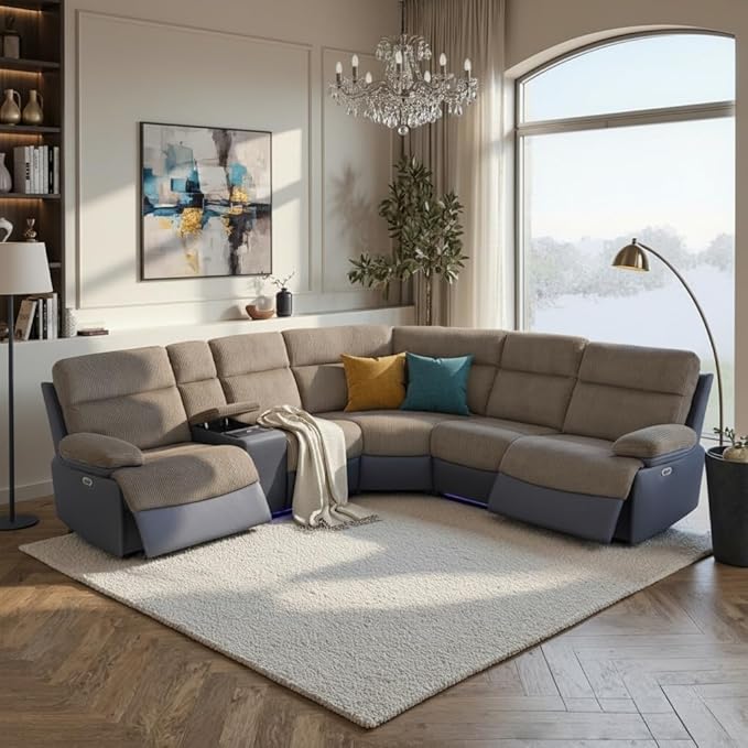 Power Reclining Sectional Sofa, 5 Seat Sectional Couch with Recliners, Soft Corduroy & Breathing Leather Sectional with 2 Recliners,USB Charging Ports,LED Light Strip, Living Room Furniture Set | Breathable material, LED Lighting