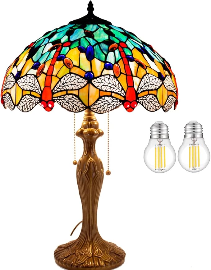 WERFACTORY Tiffany Lamp Stained Glass Bedside Table Lamp Navy Blue Yellow Turquoise Dragonfly 16X16X24 Inch Desk Light Metal Base Decor Bedroom Living Room Home Office S128 Series