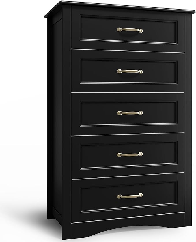 Gizoon 5 Drawer Dresser, Black Wood Chest of Drawers for Bedroom, 43.3" Large Capacity Storage Cabinet with Anti-Tip Device, for Clothes, Living Room, Hallway, Office
