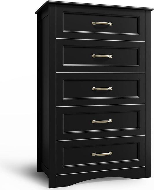 Gizoon 5 Drawer Dresser, Black Wood Chest of Drawers for Bedroom, 43.3" Large Capacity Storage Cabinet with Anti-Tip Device, for Clothes, Living Room, Hallway, Office