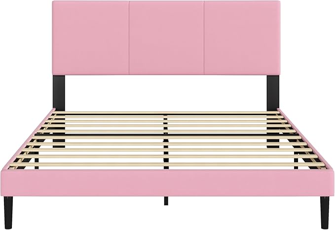 Queen Size Bed Frame with Upholstered Headboard, Sturdy Wood Slats, No Box Spring Required, Silent, Easy Assembly, Pink