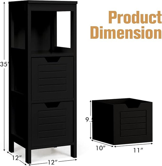 COSTWAY Bathroom Storage Cabinet, Freestanding Wooden Side Storage Cabinet with 2 Adjustable Drawers, Space-Saving Floor Cabinet for Living Room Bathroom Bedroom Entryway (Black)