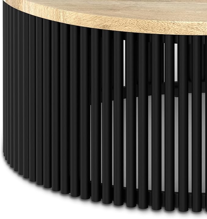 SIMPLIHOME Demy Coffee Table - 35 inch Wide Solid Wood Industrial Contemporary Round Cocktail Table in Natural and Black, Sculptural Living Room Table with Powder Coated Metal Base, Assembled