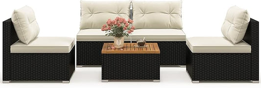 Tangkula 5 Piece Rattan Sofa Set, Patiojoy Outdoor Wicker Furniture Set with Seat & Back Cushions, Square Coffee Table, Patio Sectional Sofa Set for Backyard, Poolside, Garden