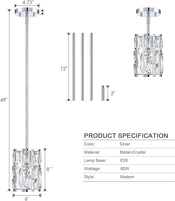 MEXO Modern Crystal Pendant Light Fixture Chrome Finish Hanging Lighting Crystal Chandelier for Kitchen Island Dinning Room Living Room Hallyway Porch Bedroom Lamp