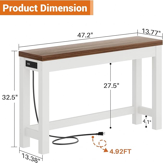 Cyclysio 47" Console Tables for Entryway, Narrow Console Tables for Living Room, Behind Couch Table, Sturdy Wood Support Hallway Table with 3AC+2USB Charging‌ Station, Rustic Oak