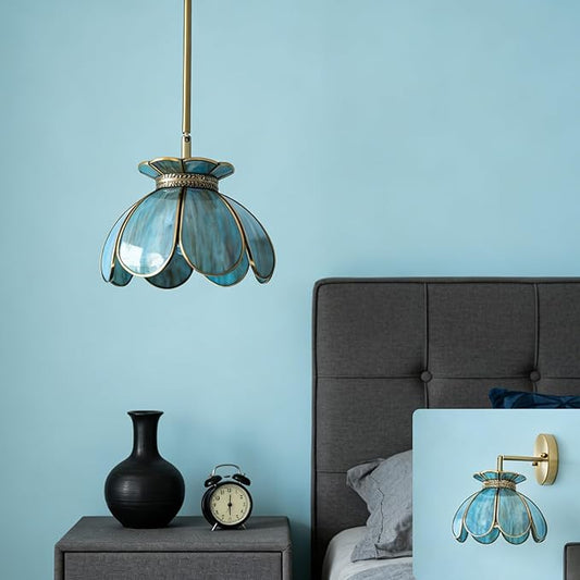 Vintage Brass Ceiling Pendant Light with Stained Lotus Flower Blue Glass Shade,Oriental Hanging Lamp or Wall Sconces Dual-Purpose, for Kitchen Island Dining Room Bedroom Living Room-7.9" Shade