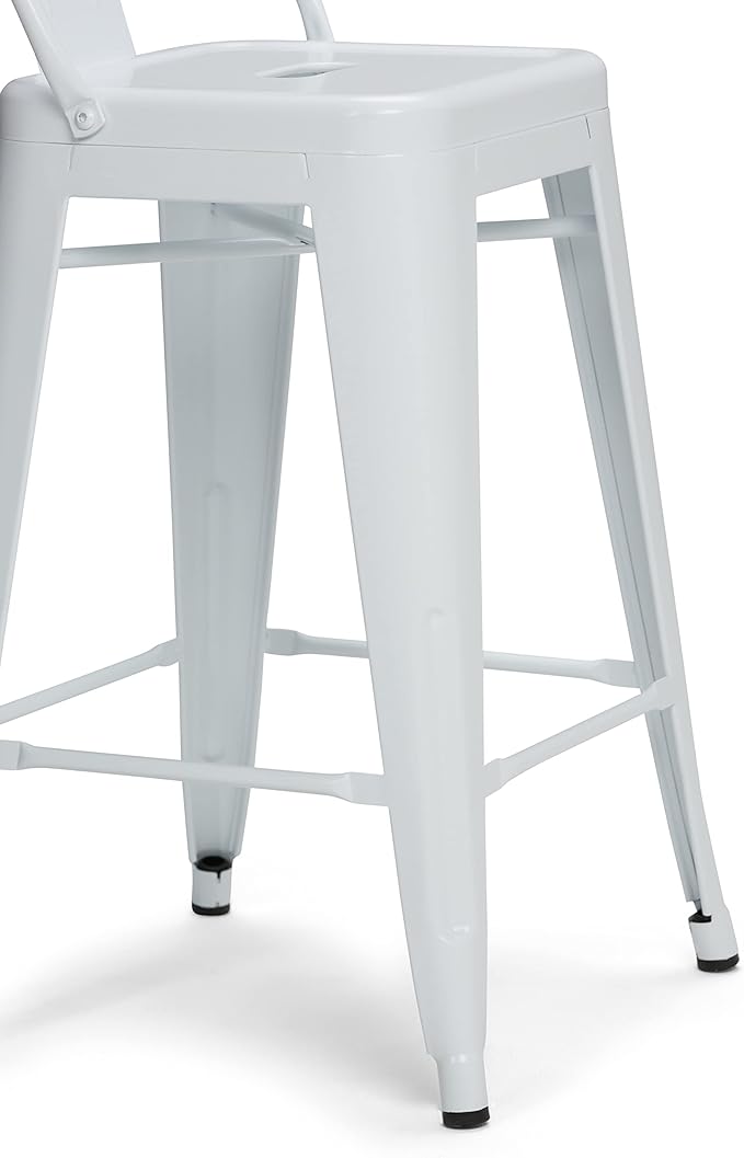 SIMPLIHOME Rayne Counter Stools (Set of 2) - 24 Inch Seat Height Metal Kitchen Seats in White, Industrial Seating for Dining Room or Kitchen with Curved Backrest and Footrest