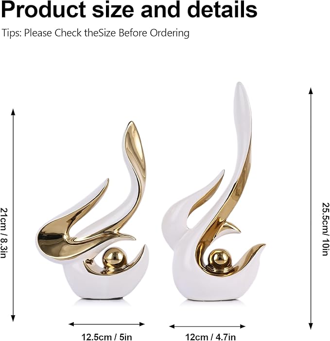 2PCS Abstract Ceramic Sculptures for Modern Decor, Sculptures Home Decor Accent, Abstract Art Figurines for Living Room Decorative Objects, Tabletop Centerpiece for Entryway,Shelf,TV Stand(White Gold)